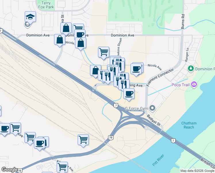 map of restaurants, bars, coffee shops, grocery stores, and more near 873 Village Drive in Port Coquitlam
