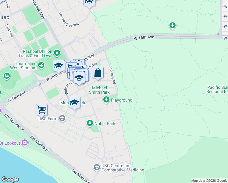 map of restaurants, bars, coffee shops, grocery stores, and more near 3487 Binning Road in Vancouver