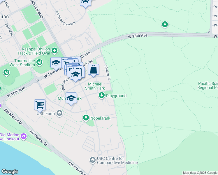 map of restaurants, bars, coffee shops, grocery stores, and more near 3487 Binning Road in Vancouver