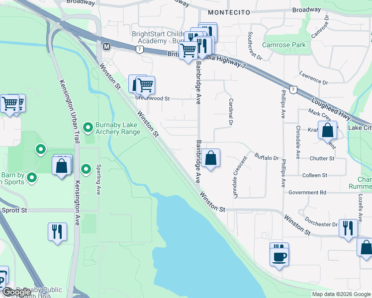 map of restaurants, bars, coffee shops, grocery stores, and more near 7086 Fielding Court in Burnaby