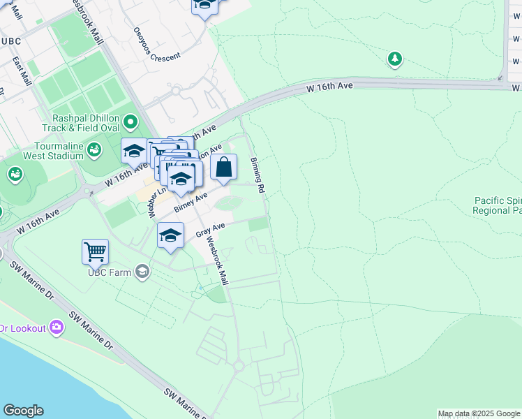 map of restaurants, bars, coffee shops, grocery stores, and more near 3487 Binning Road in Vancouver