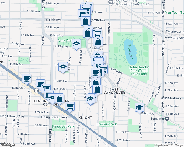 map of restaurants, bars, coffee shops, grocery stores, and more near 3496 Welwyn Street in Vancouver