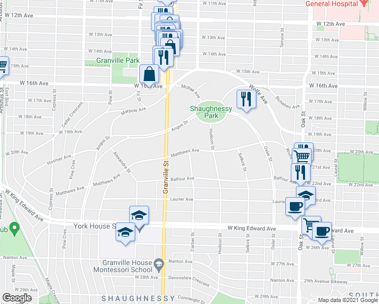 map of restaurants, bars, coffee shops, grocery stores, and more near 3638 Cartier Street in Vancouver