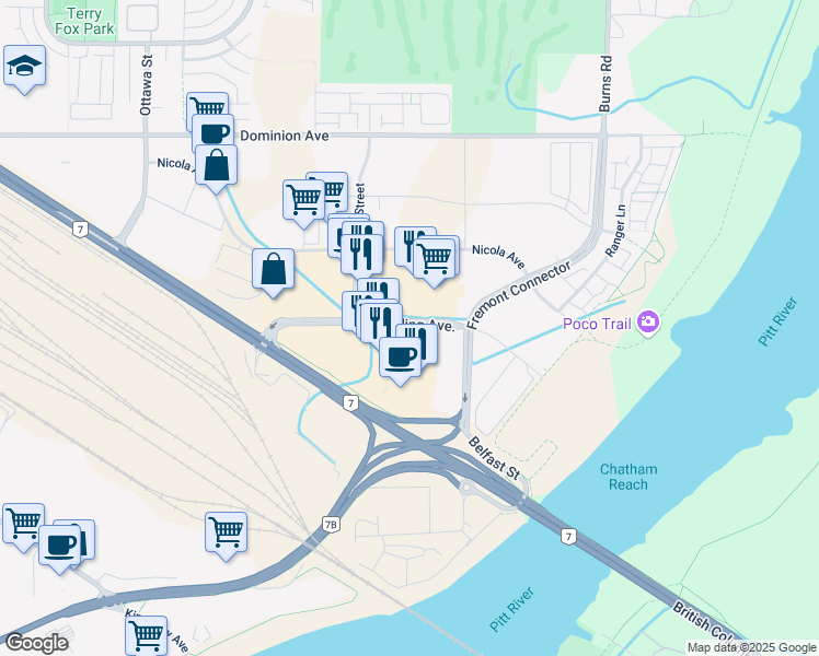 map of restaurants, bars, coffee shops, grocery stores, and more near 985 Nicola Avenue in Port Coquitlam