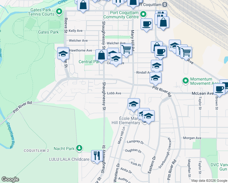 map of restaurants, bars, coffee shops, grocery stores, and more near 2261 Lobb Avenue in Port Coquitlam