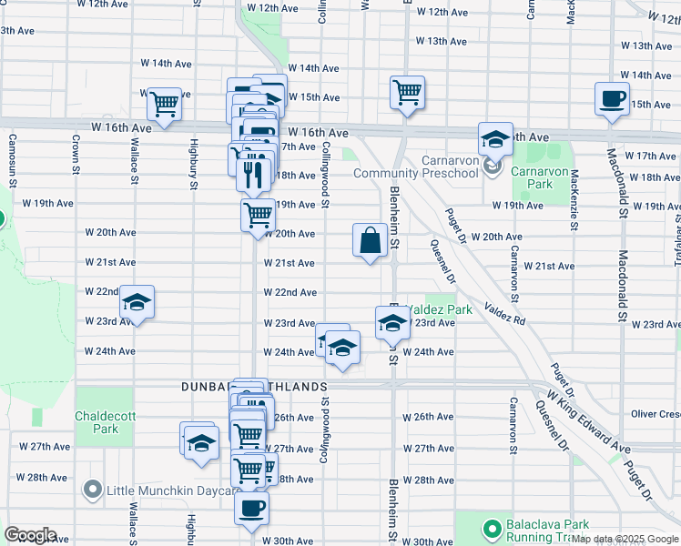 map of restaurants, bars, coffee shops, grocery stores, and more near 3468 West 21st Avenue in Vancouver