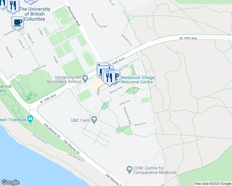 map of restaurants, bars, coffee shops, grocery stores, and more near 117 Wesbrook Mall in Vancouver