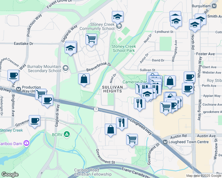 map of restaurants, bars, coffee shops, grocery stores, and more near 3399 Noel Drive in Burnaby