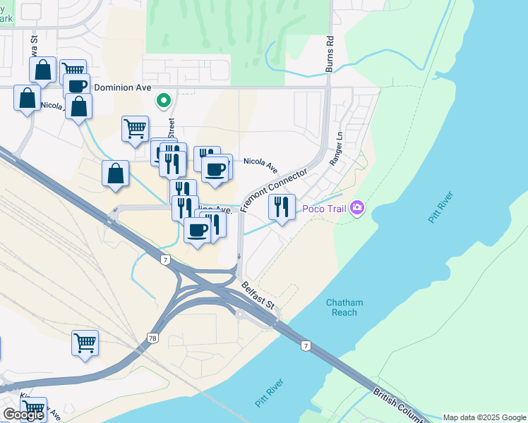 map of restaurants, bars, coffee shops, grocery stores, and more near 573 Sherling Place in Port Coquitlam