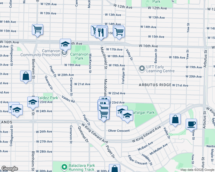 map of restaurants, bars, coffee shops, grocery stores, and more near 2796 West 21st Avenue in Vancouver