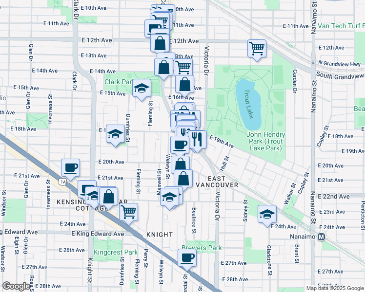 map of restaurants, bars, coffee shops, grocery stores, and more near 3477 Commercial Street in Vancouver