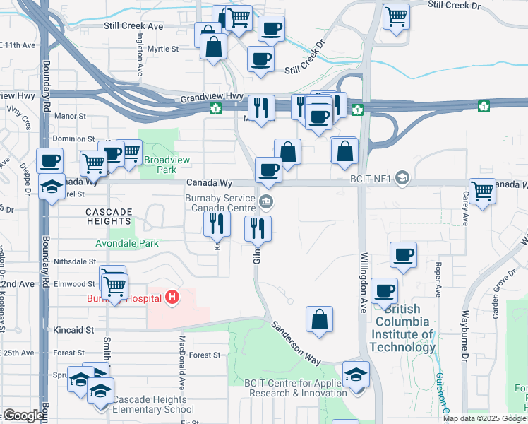 map of restaurants, bars, coffee shops, grocery stores, and more near in Burnaby