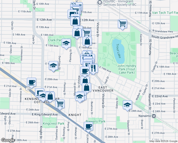 map of restaurants, bars, coffee shops, grocery stores, and more near 3448 Commercial Street in Vancouver