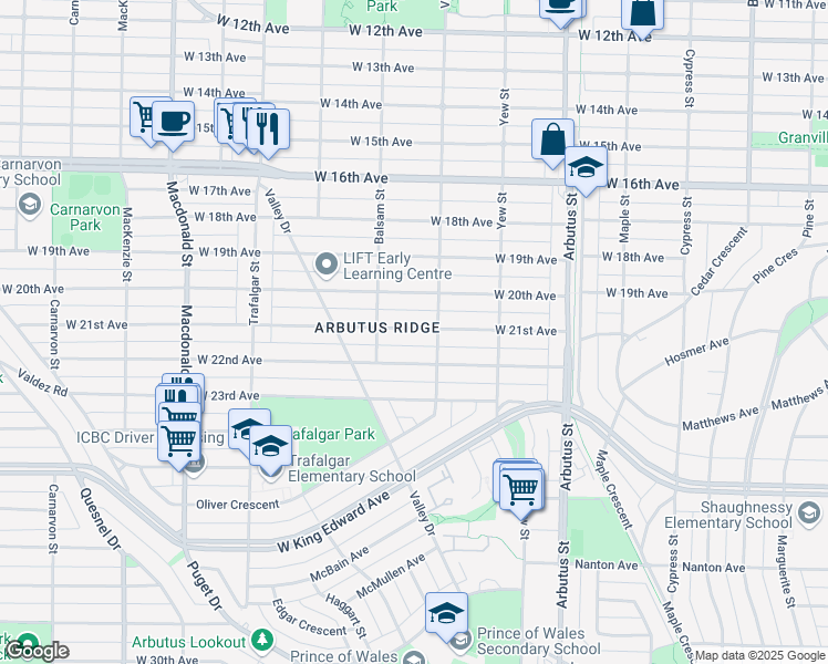 map of restaurants, bars, coffee shops, grocery stores, and more near 2338 West 21st Avenue in Vancouver