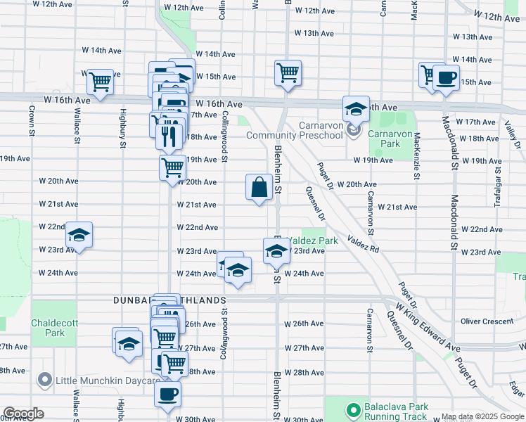 map of restaurants, bars, coffee shops, grocery stores, and more near 3330 West 21st Avenue in Vancouver