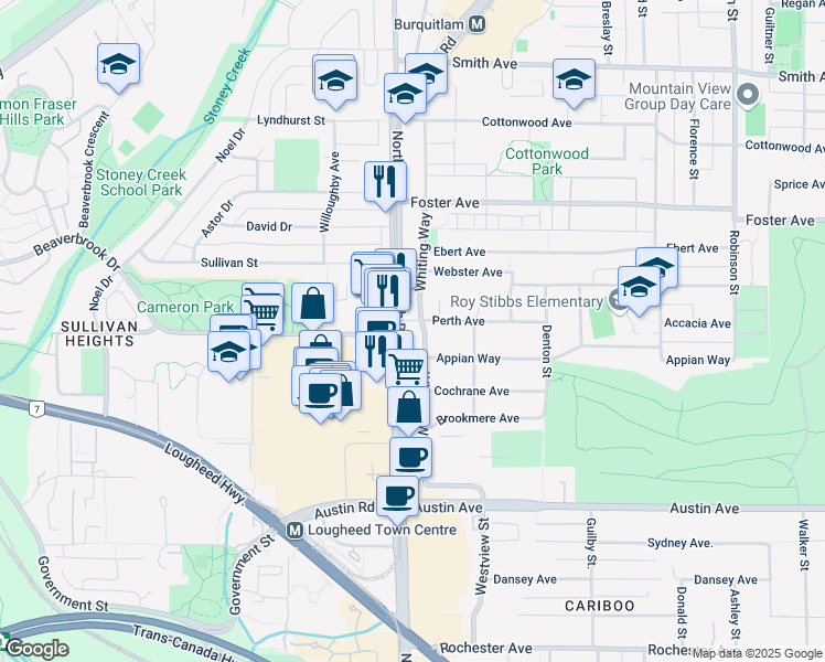 map of restaurants, bars, coffee shops, grocery stores, and more near 590 Whiting Way in Coquitlam