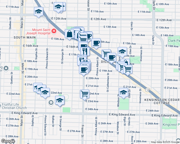 map of restaurants, bars, coffee shops, grocery stores, and more near 744 East 19th Avenue in Vancouver