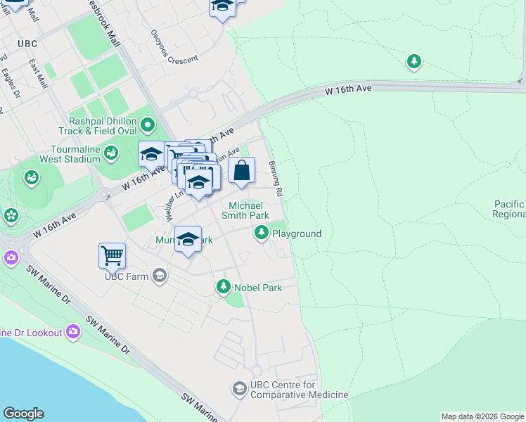 map of restaurants, bars, coffee shops, grocery stores, and more near 5981 Gray Avenue in University Endowment Lands