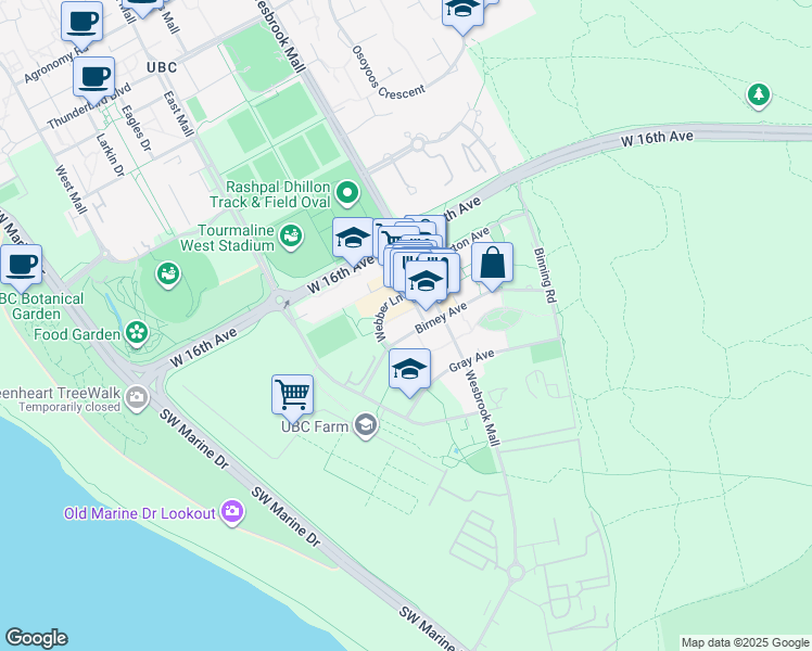 map of restaurants, bars, coffee shops, grocery stores, and more near 5955 Birney Avenue in University Endowment Lands