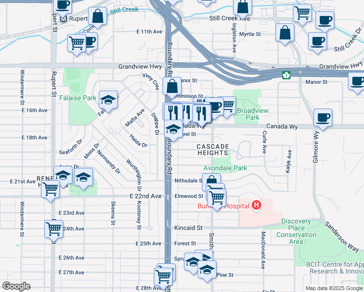 map of restaurants, bars, coffee shops, grocery stores, and more near 3723 Linwood Street in Burnaby