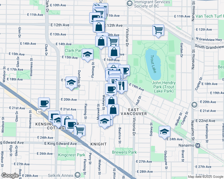 map of restaurants, bars, coffee shops, grocery stores, and more near 3477 Commercial Street in Vancouver
