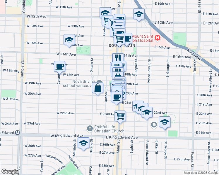 map of restaurants, bars, coffee shops, grocery stores, and more near 106 East 19th Avenue in Vancouver