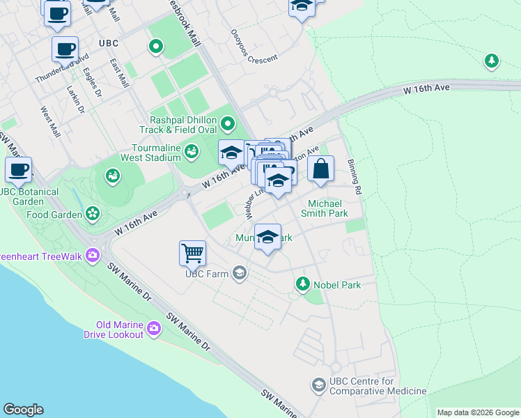 map of restaurants, bars, coffee shops, grocery stores, and more near 5955 Birney Avenue in University Endowment Lands