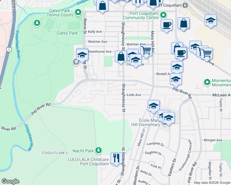 map of restaurants, bars, coffee shops, grocery stores, and more near 2349 Lobb Avenue in Port Coquitlam
