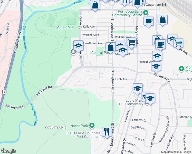 map of restaurants, bars, coffee shops, grocery stores, and more near 2538 Pitt River Road in Port Coquitlam