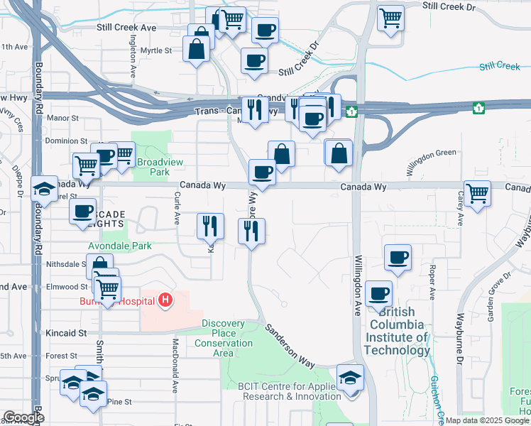 map of restaurants, bars, coffee shops, grocery stores, and more near in Burnaby
