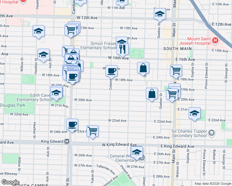 map of restaurants, bars, coffee shops, grocery stores, and more near 174 West 19th Avenue in Vancouver