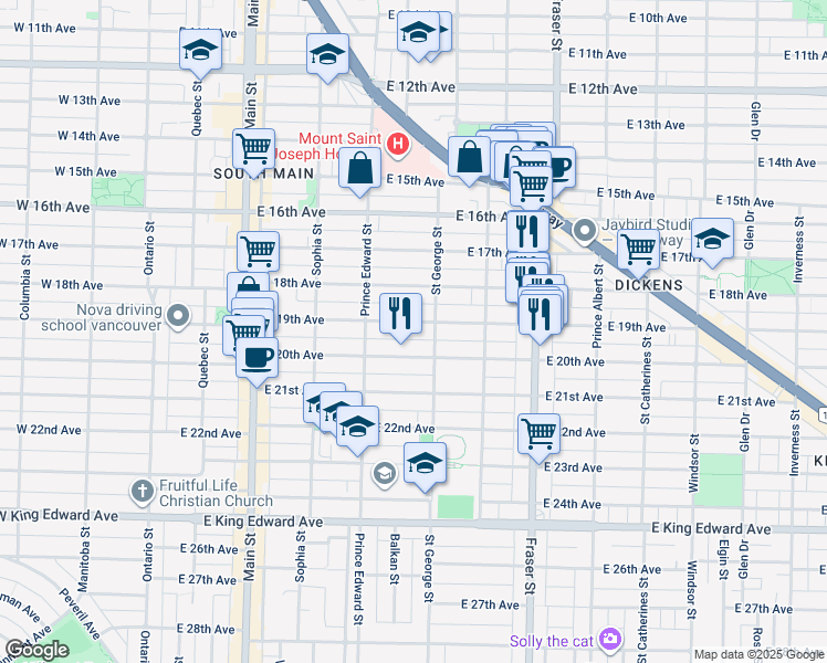 map of restaurants, bars, coffee shops, grocery stores, and more near 462 East 19th Avenue in Vancouver