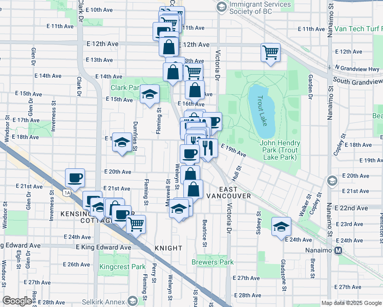 map of restaurants, bars, coffee shops, grocery stores, and more near 3477 Commercial Street in Vancouver
