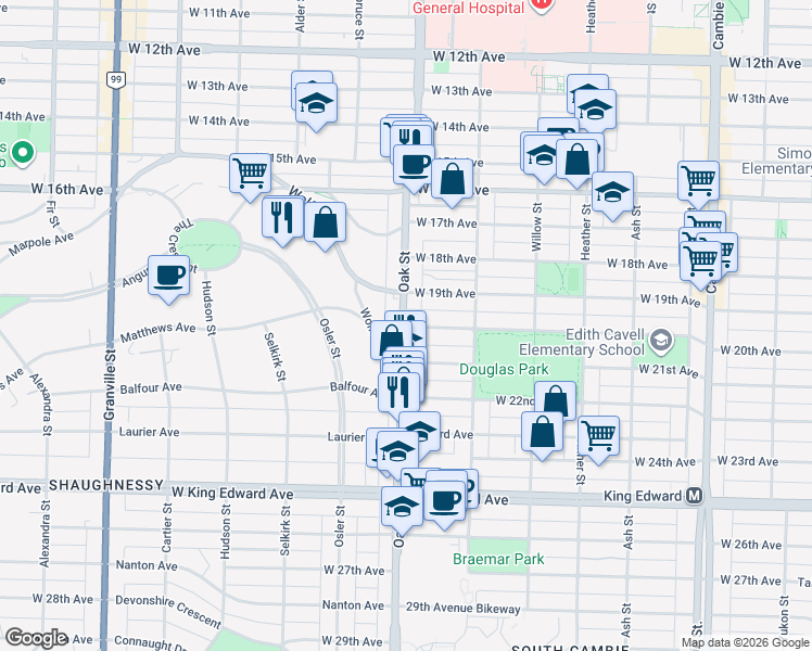 map of restaurants, bars, coffee shops, grocery stores, and more near 999 West 20th Avenue in Vancouver