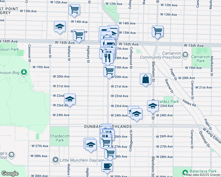 map of restaurants, bars, coffee shops, grocery stores, and more near 3716 Dunbar Street in Vancouver