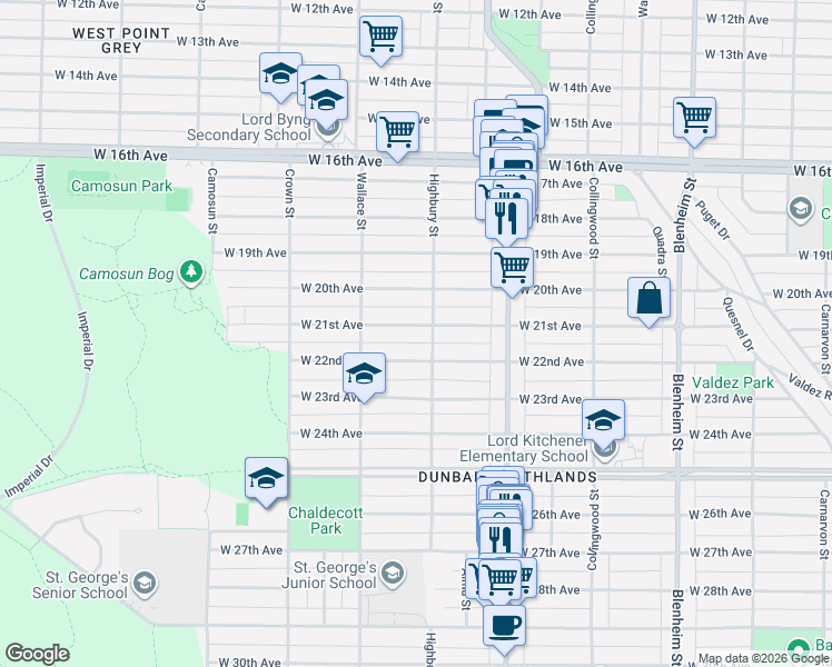 map of restaurants, bars, coffee shops, grocery stores, and more near 3820 West 21st Avenue in Vancouver
