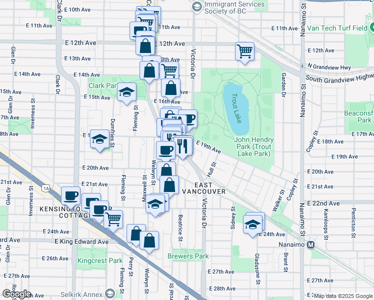 map of restaurants, bars, coffee shops, grocery stores, and more near 3490 Porter Street in Vancouver