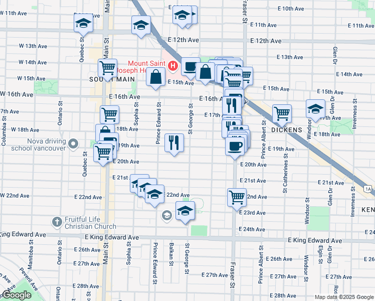 map of restaurants, bars, coffee shops, grocery stores, and more near 498 East 19th Avenue in Vancouver