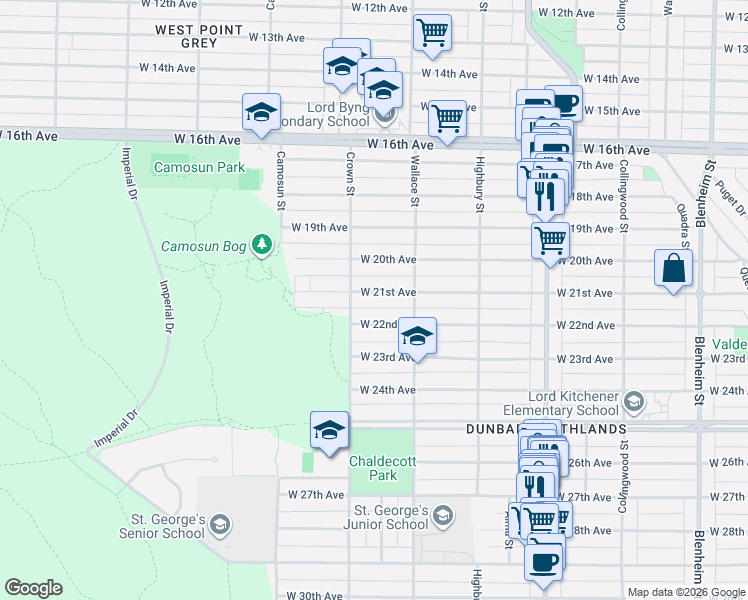 map of restaurants, bars, coffee shops, grocery stores, and more near in Vancouver