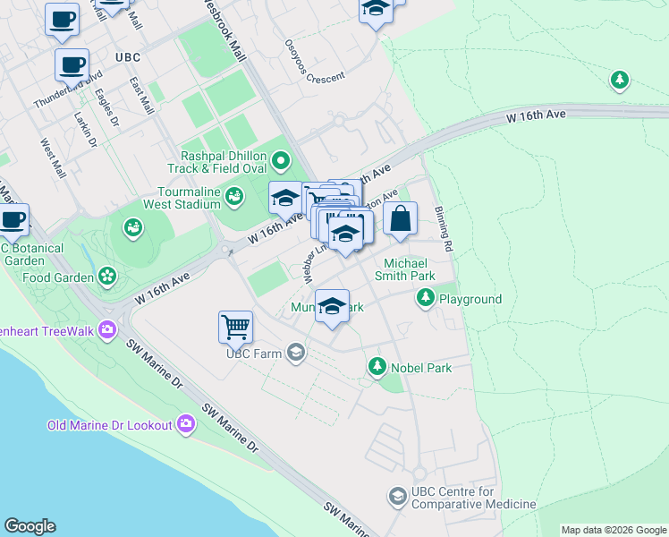 map of restaurants, bars, coffee shops, grocery stores, and more near 5955 Birney Avenue in University Endowment Lands