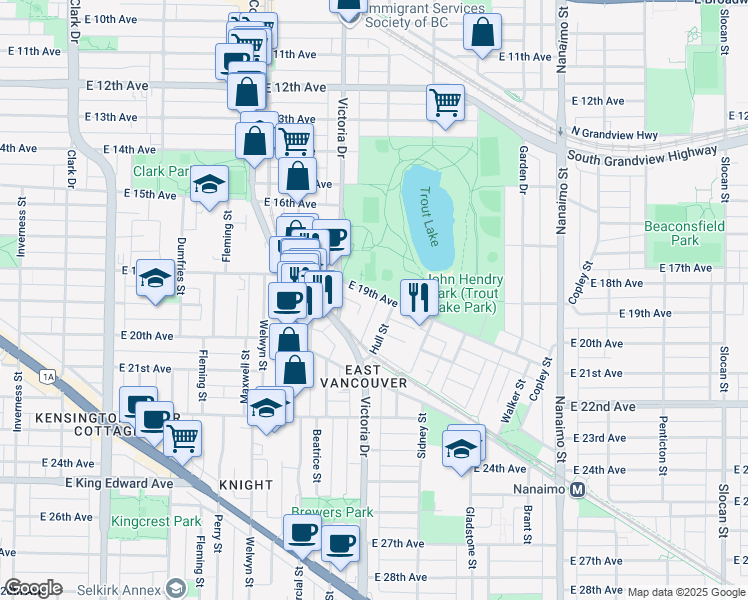 map of restaurants, bars, coffee shops, grocery stores, and more near 1968 East 19th Avenue in Vancouver