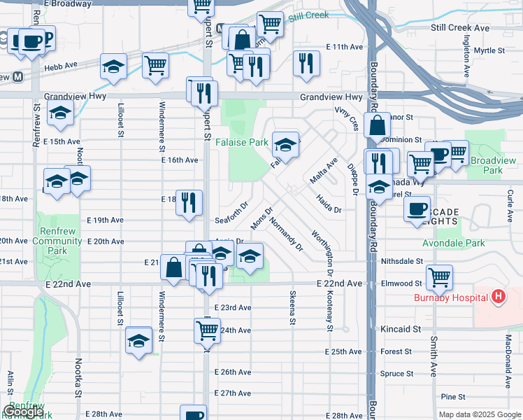 map of restaurants, bars, coffee shops, grocery stores, and more near 3463 Mons Drive in Vancouver