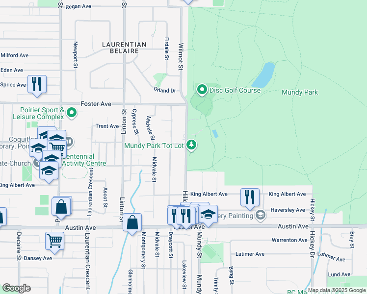 map of restaurants, bars, coffee shops, grocery stores, and more near 629 Hillcrest Street in Coquitlam