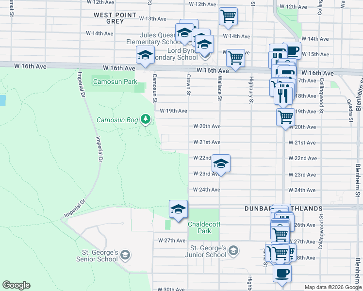 map of restaurants, bars, coffee shops, grocery stores, and more near in Vancouver