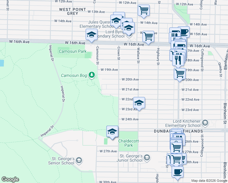 map of restaurants, bars, coffee shops, grocery stores, and more near 4018 West 21st Avenue in Vancouver