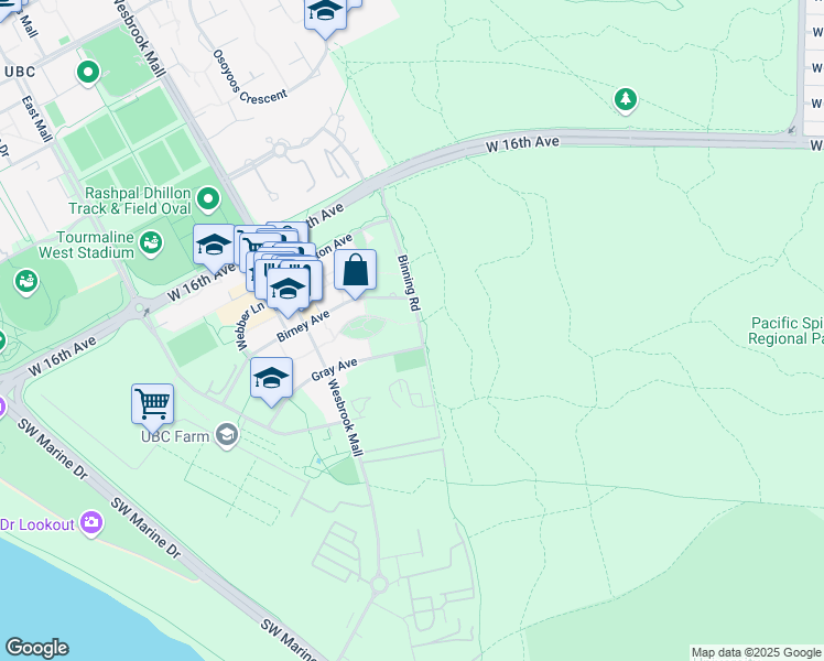 map of restaurants, bars, coffee shops, grocery stores, and more near 3487 Binning Road in University Endowment Lands