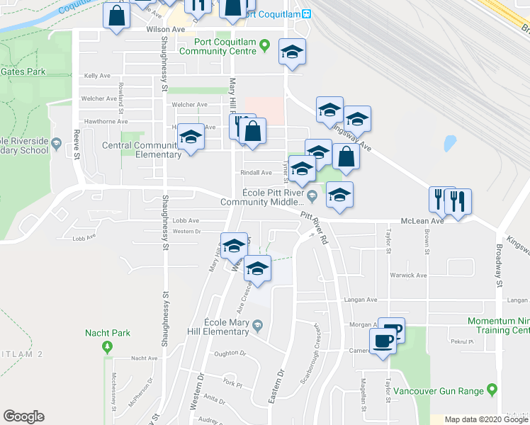 map of restaurants, bars, coffee shops, grocery stores, and more near 2152 Pitt River Road in Port Coquitlam