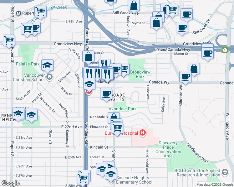 map of restaurants, bars, coffee shops, grocery stores, and more near 3440 Smith Avenue in Burnaby