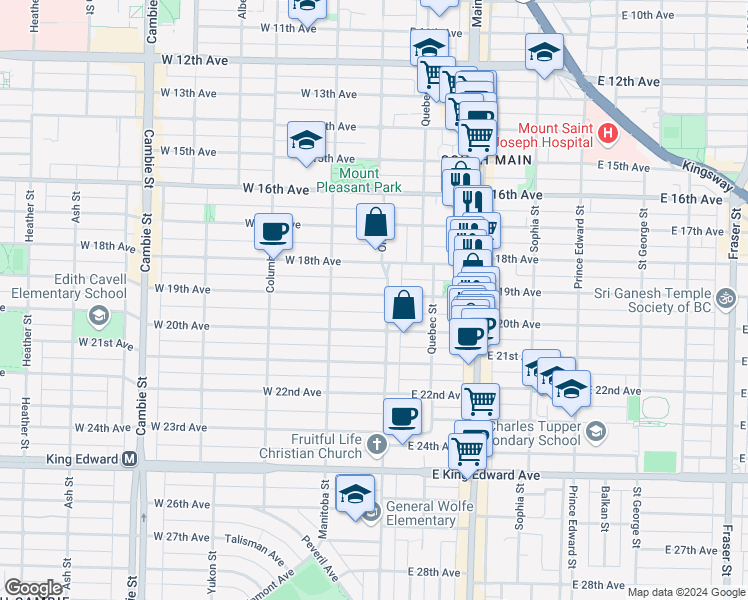 map of restaurants, bars, coffee shops, grocery stores, and more near 18 West 19th Avenue in Vancouver