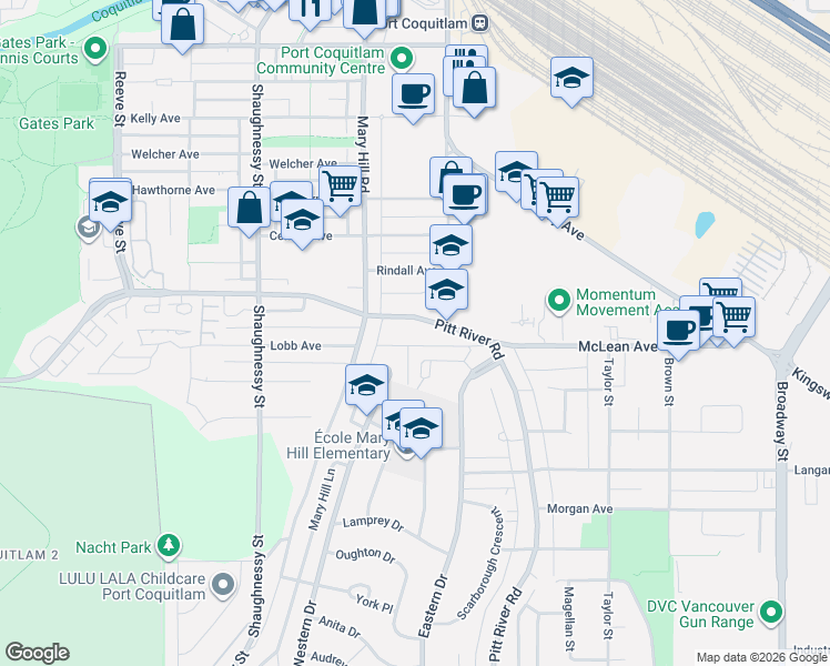 map of restaurants, bars, coffee shops, grocery stores, and more near 2152 Pitt River Road in Port Coquitlam